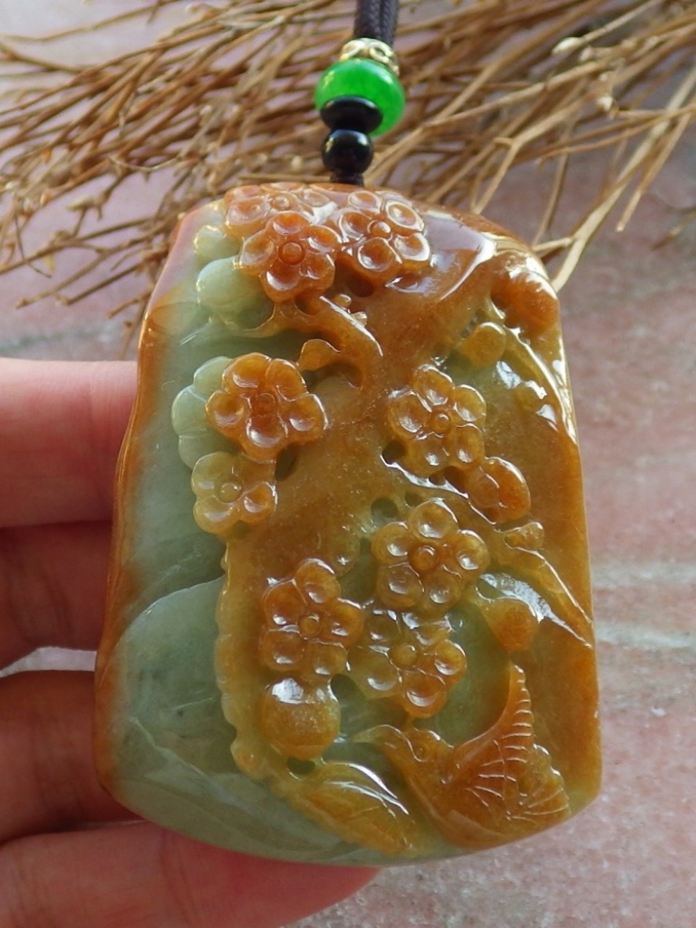 Certified Natural Burma A Jade jadeite Phoenix Bird Flower Pendant Necklace
